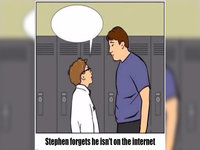 Stephen Forgets That He Isn't On The Internet exploitable meme template showing two kids conversing near lockers.