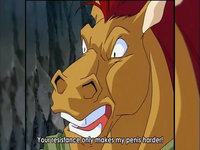 Your Resistance Only Makes My Penis Harder meme format depicting an angry horse from the Words Worth anime.