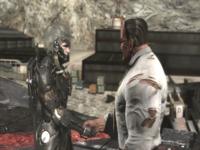 Raiden and Armstrong Shaking Hands meme format depicting the characters from Metal Gear Rising Revengeance grasping hands.