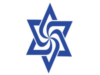 Raelism symbol depicting a star of david with a swirl of lines in the middle.