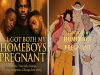 AI cover of the 'I Got Both My Homeboys Pregnant' book. A redrawn version of the cover featuring One Piece characters on the right side.