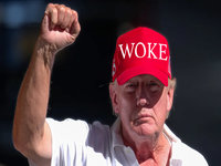 Woke Right meme and image example depicting Trump with a hat reading "woke."