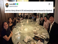 Went to a Fancy Dinner in SF and Everybody Went to Harvard (or Stanford) tweet from edchucation