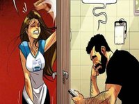 Ta Ocupao meme depicting a girl knocking on a locked bathroom door, trying not to pee her pants, while a character on the right sits in the bathroom unbothered.