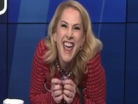 Ana Kasparian making a sharp evil-looking face, which many perceived as the Happy Merchant.