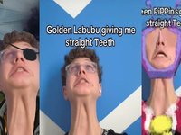 Golden Labubu Giving Me Straight Teeth meme examples.