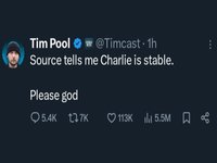 Source Tells Me Charlie Is Stable Please God meme and original tweet.