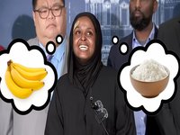 Bananas and Rice Girl meme depicting an image of Nasra Ahmed talking about ICE.