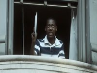 Chris from Everybody Hates Chris in a window holding a dish, ready to throw it.