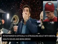 A meme reacting with joy at Peter Parker being a struggling adult in the new Spider-Man movie Brand New Day.