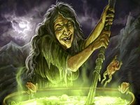 Witch Stirring Cauldron Rhymes meme and image example.