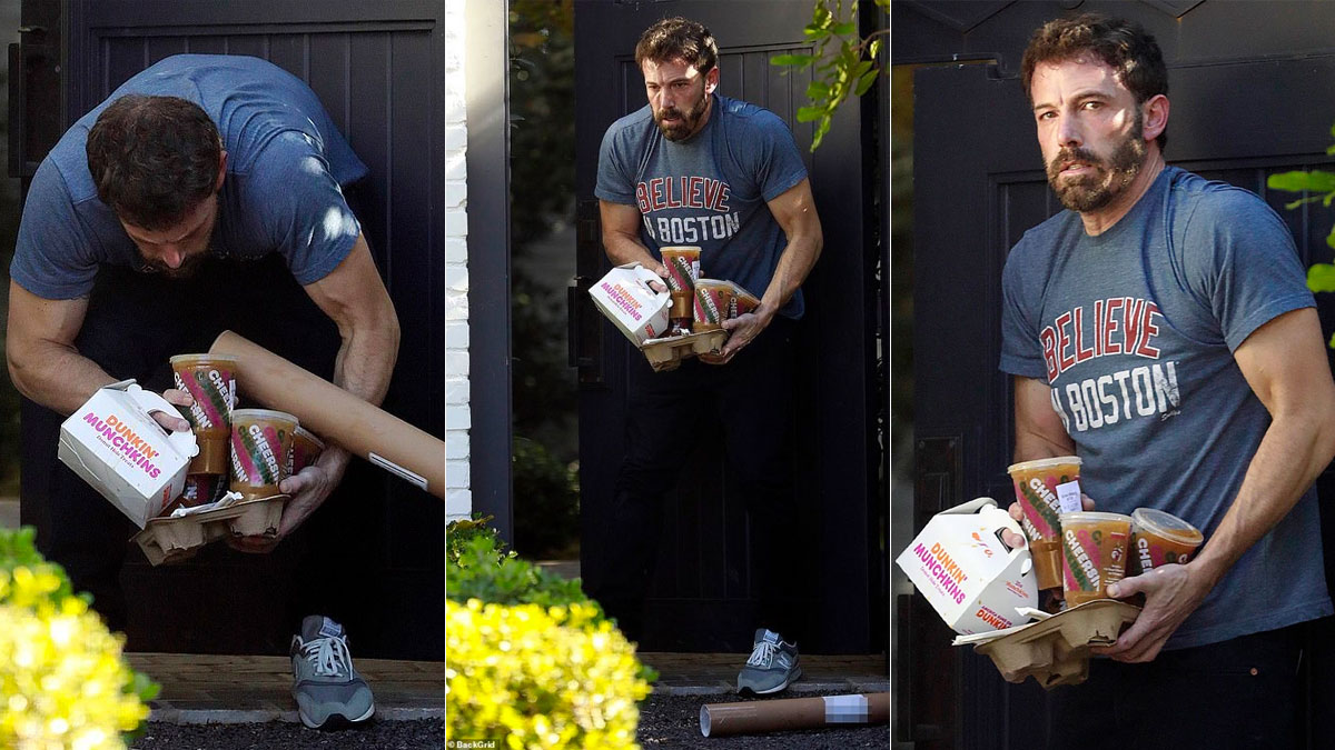 three paparazi photographs of actor Ben Affleck attempting to balance an order of donuts and coffee from Dunkin' Donuts as well as a poster tube. 