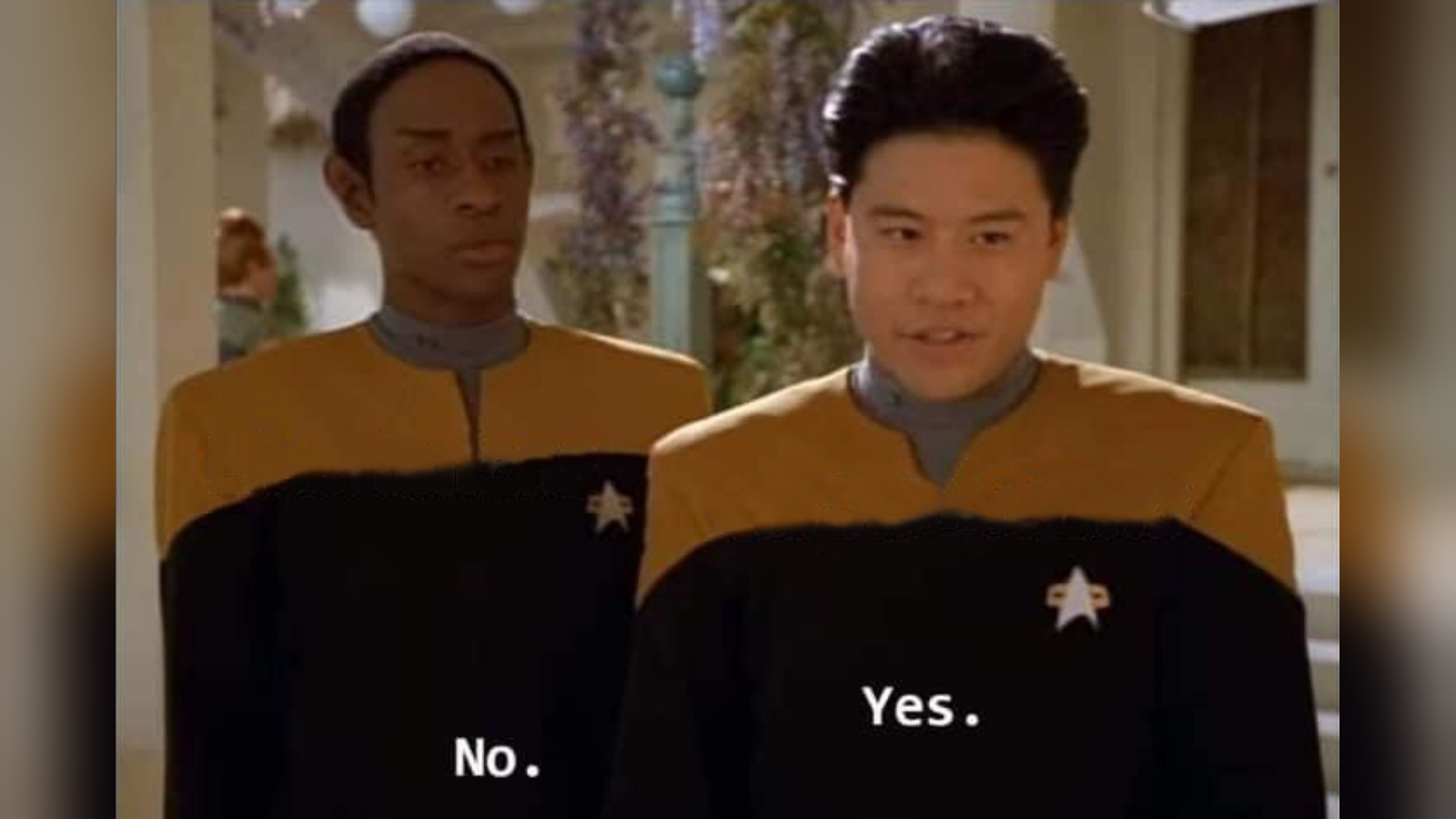 Ensign Kim saying Yes, speaking for himself and Tuvok. While Tuvok says No to the same thing, speaking for himself.