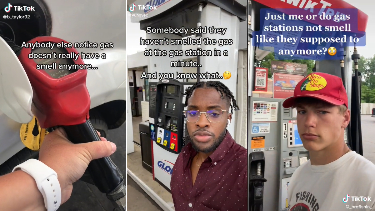 Gas Doesn't Smell Like It Used To tiktok trend depicting three example videos.