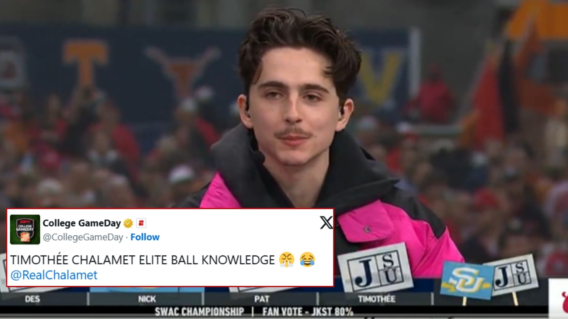 Elite Ball Knowledge meme and tweet depicting American actor Timothée Chalamet commenting on ESPN's "College GameDay" program.