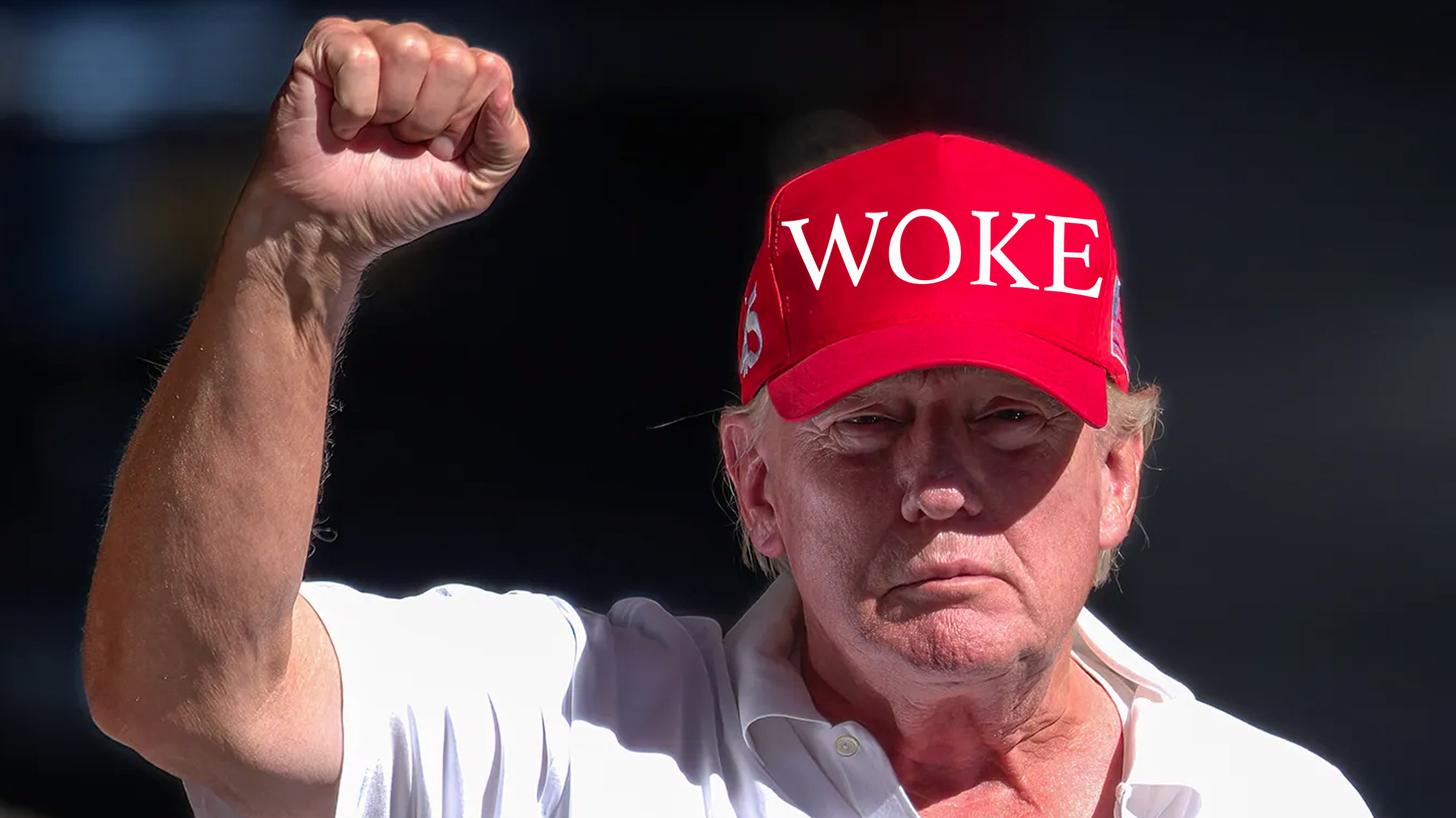 Woke Right meme and image example depicting Trump with a hat reading "woke."