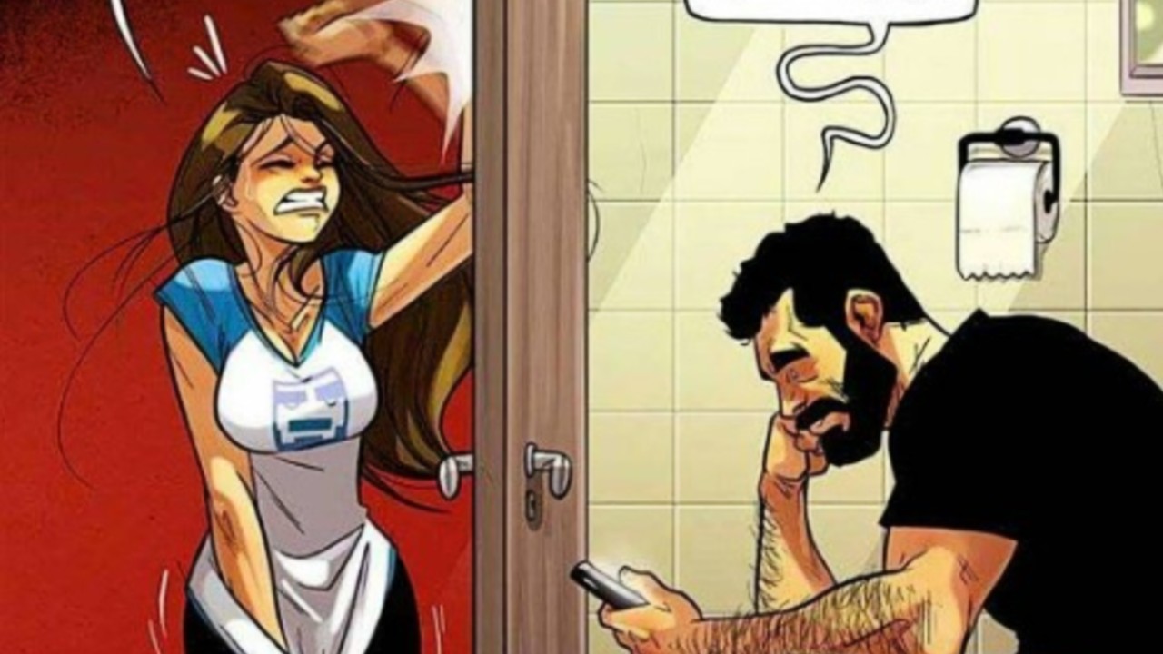 Ta Ocupao meme depicting a girl knocking on a locked bathroom door, trying not to pee her pants, while a character on the right sits in the bathroom unbothered.