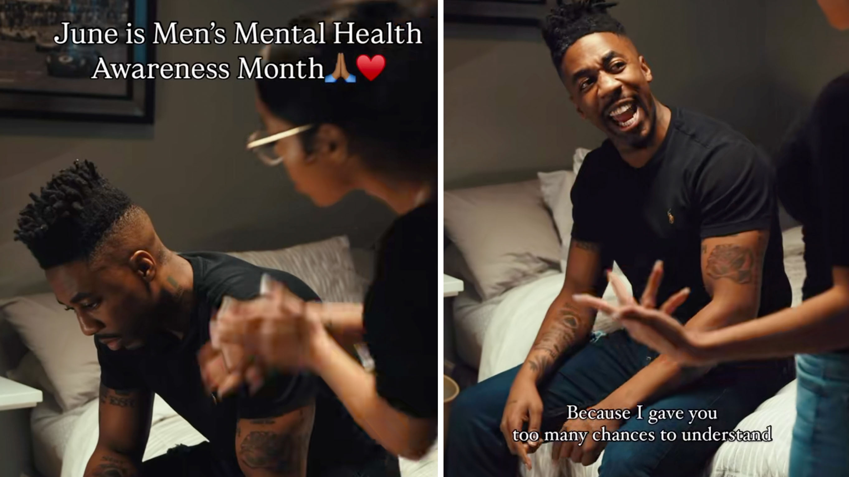 Why You Acting Like a Bitch? / Because I Gave You Too Many Chances to Understand / June is Men's Mental Health Awareness Month meme.