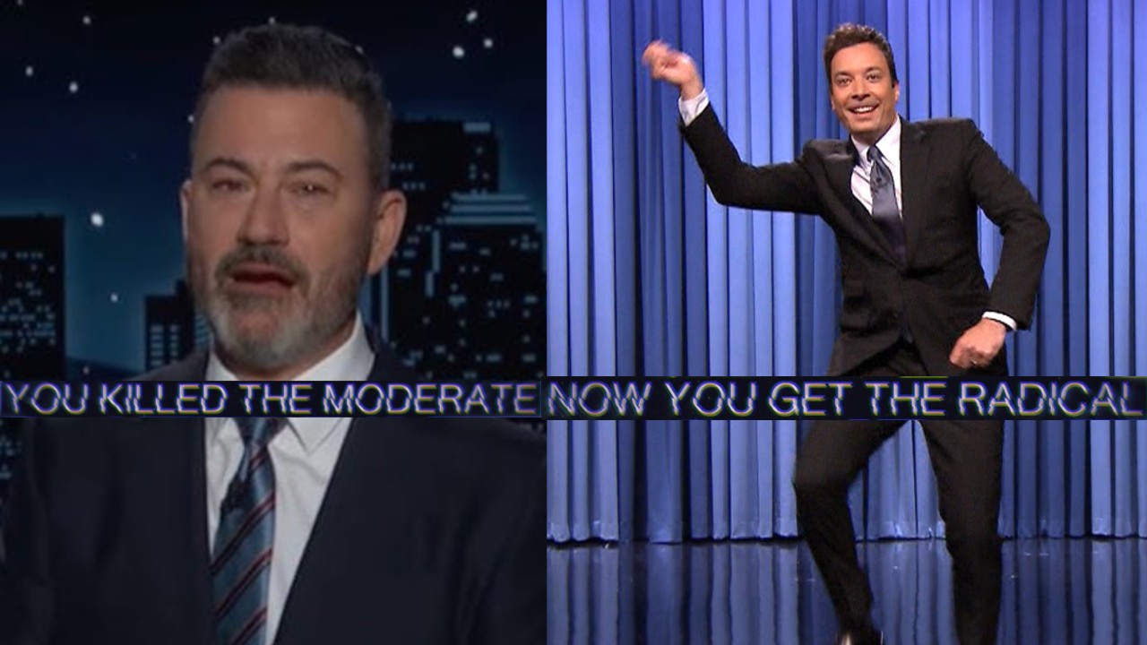 You Killed the Moderate Now You Get the Radical meme depicting Kimmel and Fallon.