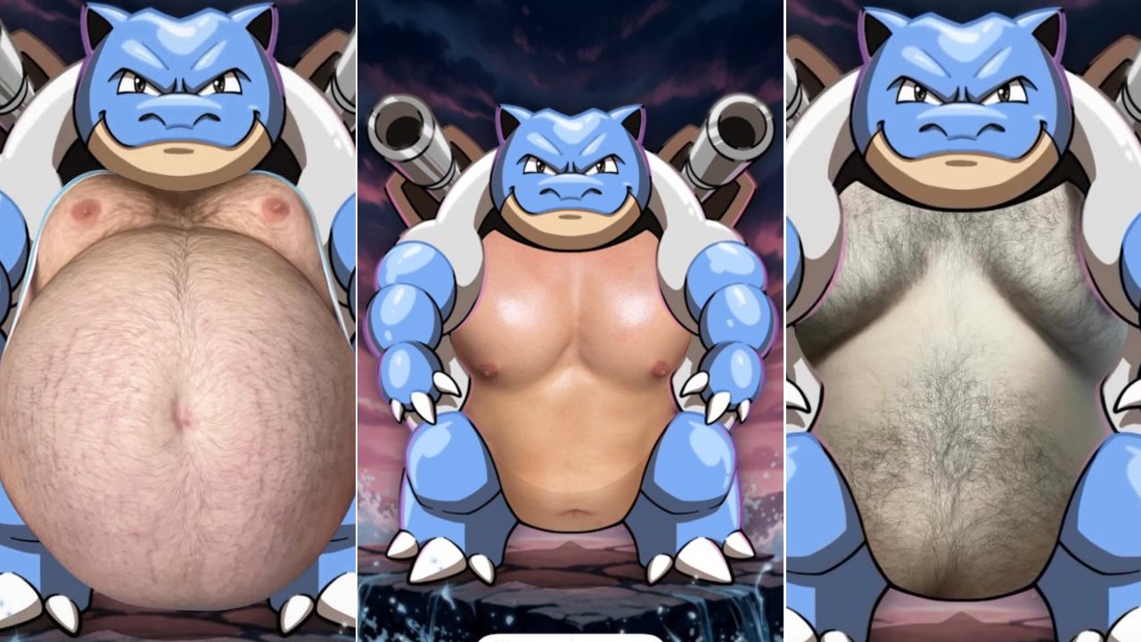 Blastoise Belly Edits meme depicting three examples of the Blastoise trend.