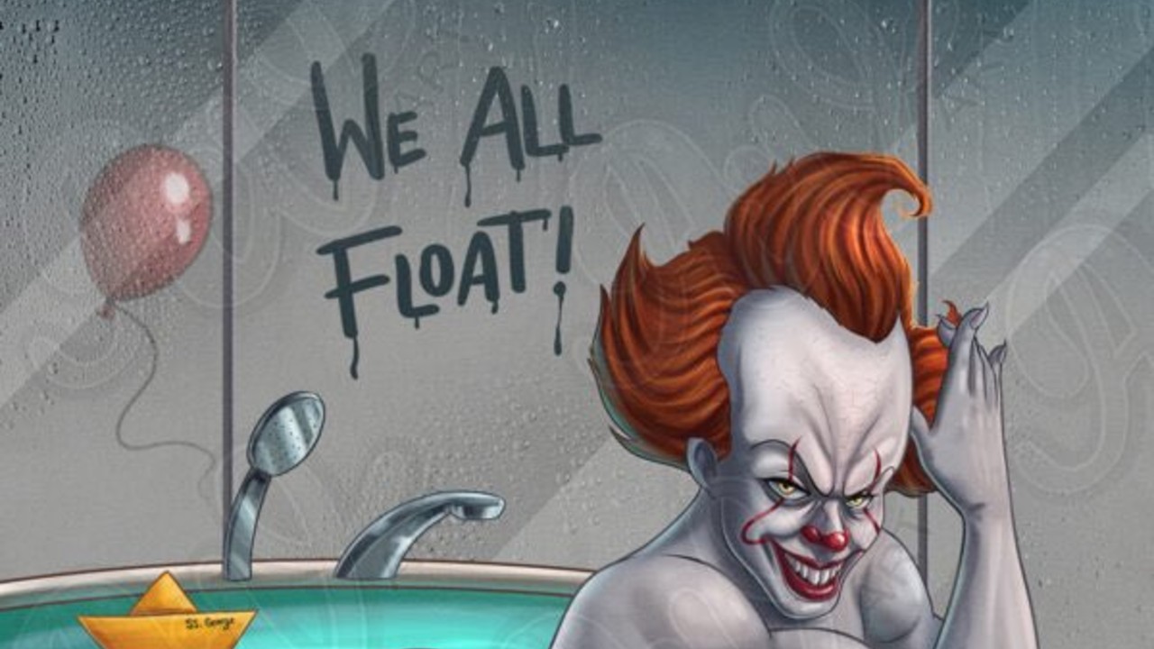 We All Float meme depicting a cropped piece of art that shows Pennywise the clown in the bath. "We all float" is written in steam behind him.
