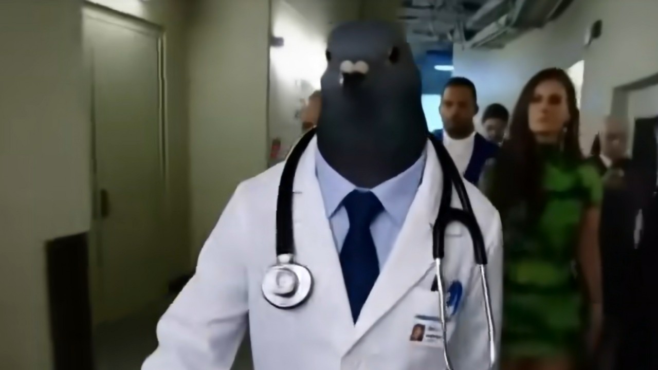 Pigeon Doctor Walking Down Hallway