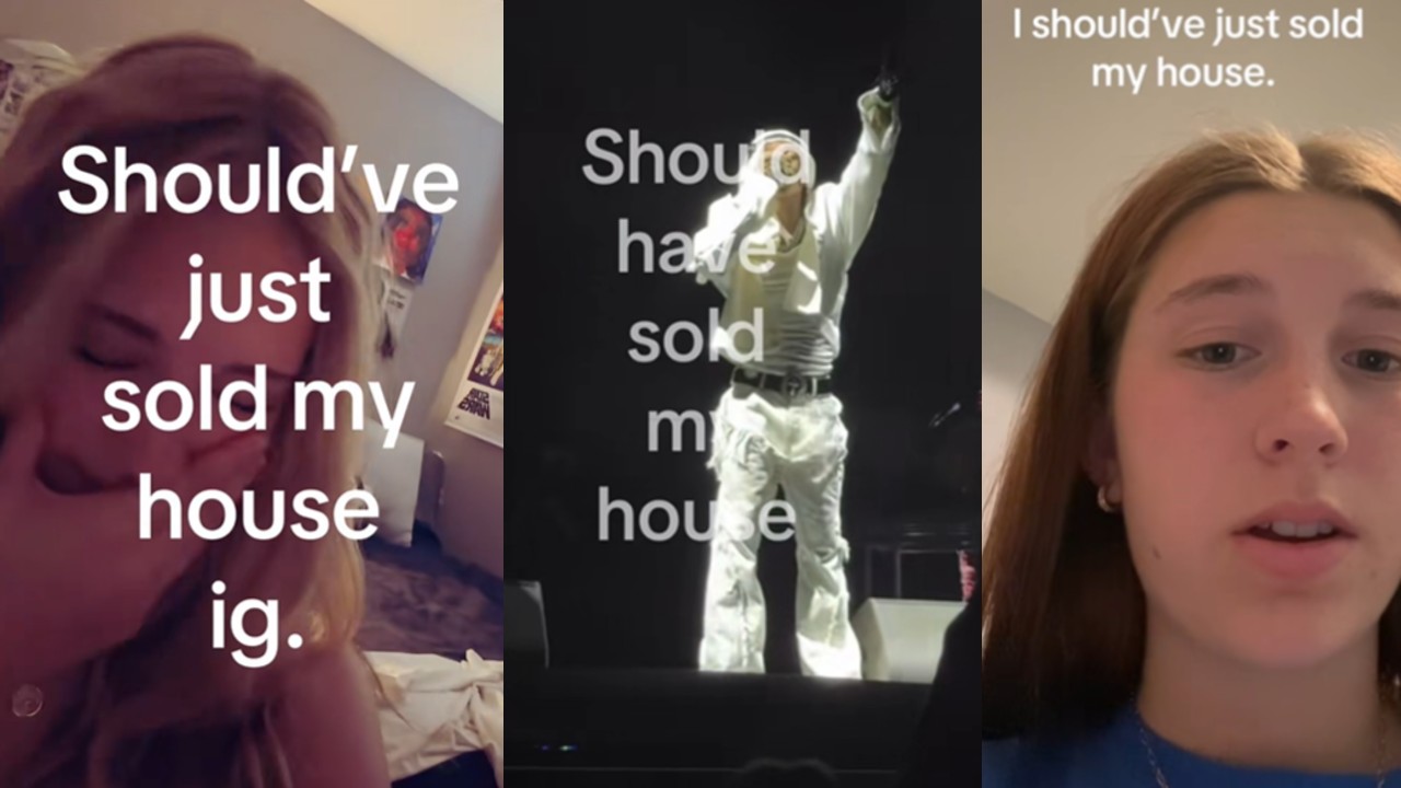 Three examples of videos using the phrase "should have sold my house" in reference to missing Coachella 2026.