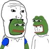 Pepe the frog in a Wojak suit and Wojak in a Pepe suit