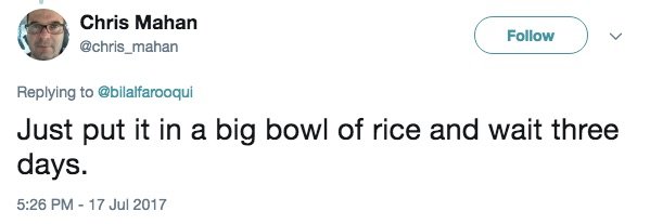 Put the Robot In a Big Bowl of Robot Tweet suggesting the robot be put in a bowl of rice.