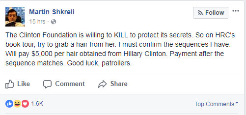 Shkreli's Clinton Facebook Status martin shkreli's facebook status that sent him to jail