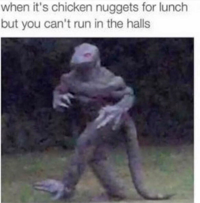 Image of a person in a purple, muscular dinosaur costume under the caption "when it's chicken nuggets for lunch but you can't run in the halls."