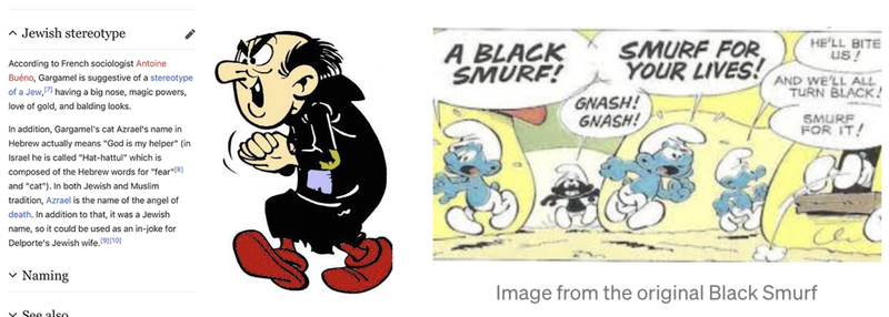 Gargamel from the Smurfs and a scene with a black smurf.