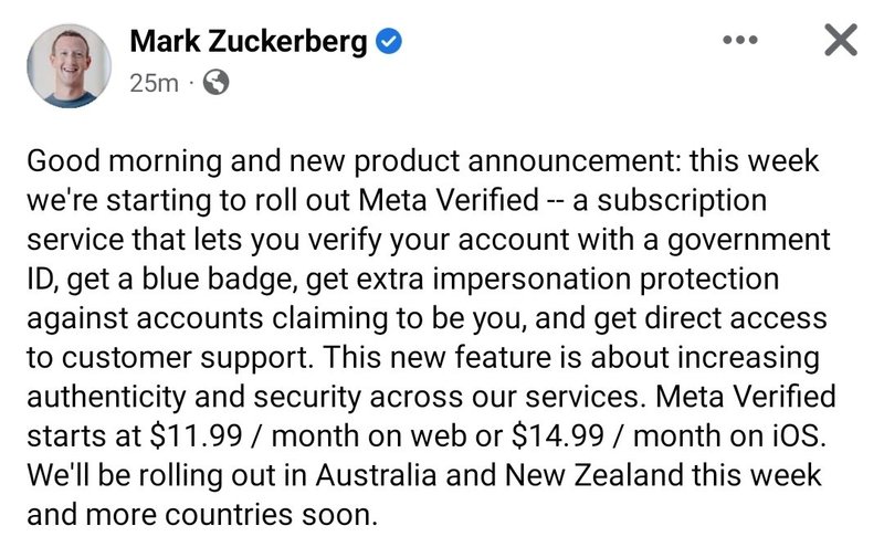 mark zuckerberg meta verified announcement mark zuckerberg meta verified