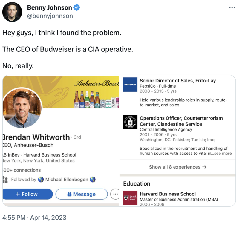 Benny Johnson cia anheuser busch tweet Benny Johnson cia anheuser busch tweet