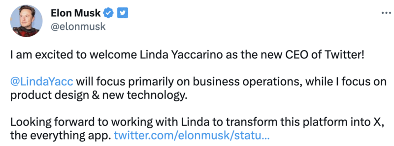 Linda Yaccarino announcement elon musk linda yaccarino announcement