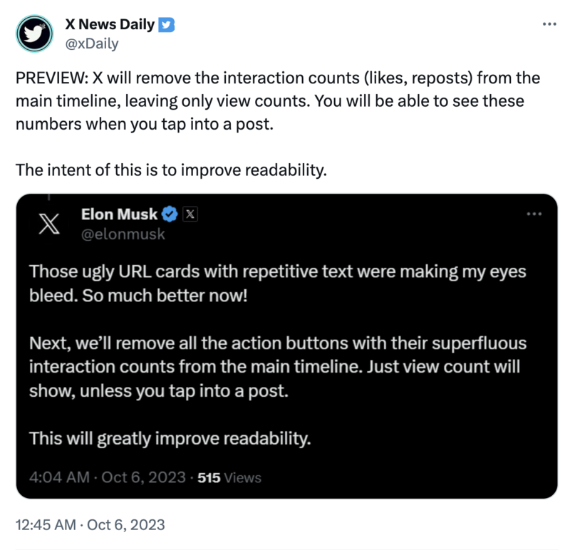 Elon announcing he will remove likes and retweets. 