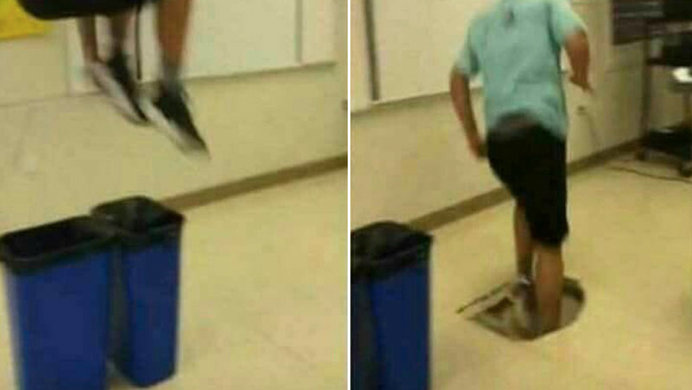 The Evolution of the "Floor Is Lava" Meme Image of a boy in shorts jumping off a blue trash can and landing on the ground and putting a hole in the ground.
