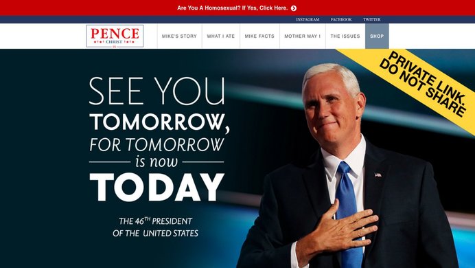 Banner of Officialmikepence.com, saying Pence is the 46th President of the USA.