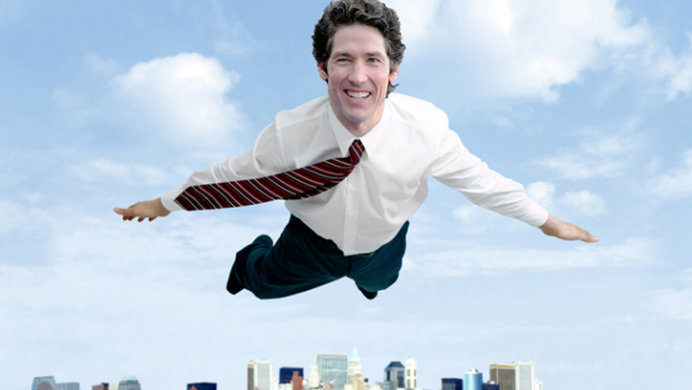 Joel Osteen wearing a white dress shirt and tie floating above a city smiling. 