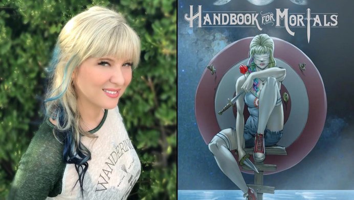 Lani Sarem next to the cover of her book, Handbook For Mortals