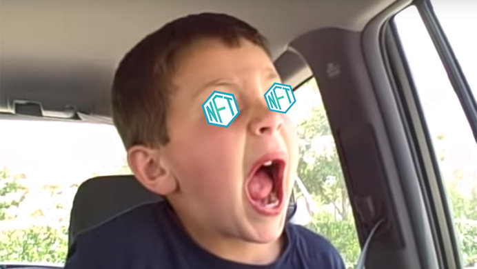 David DeVore From The 2009 Viral Video David After Dentist With NFTs overlaid on his eyes.