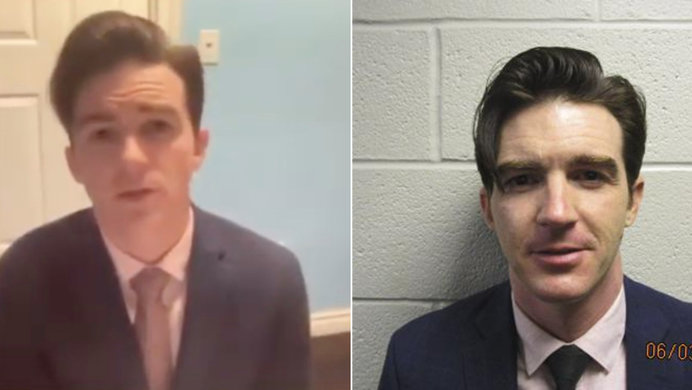 Left, Drake Bell on Zoom call where he plead guilty. Right, Drake Bell mugshot following earlier arrest.