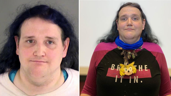 Image of Chris Chan's mugshot left, Chris Chan wearing Sonichu medallion on right.