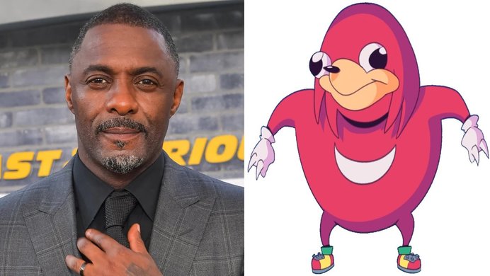A picture of Idris Elba next to a picture of Ugandan Knuckles meme.