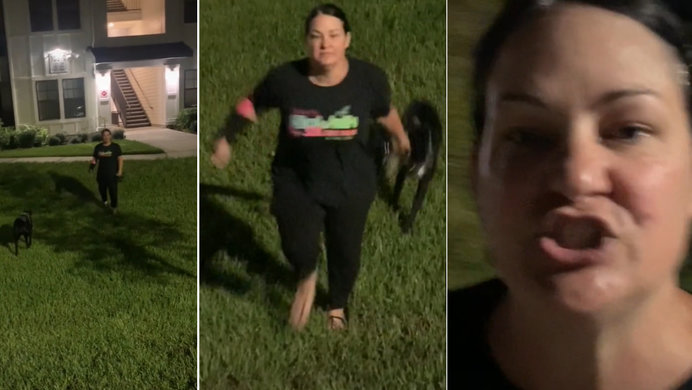 Images of the unnamed Karen marching towards the woman filming at various points in the viral video.