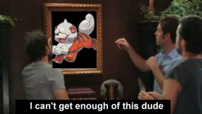 A meme depicting a scene from It's Always Sunny In Philadelphia, in which the cast is looking at a picture of the new Hitsuian Growlithe with admiration.