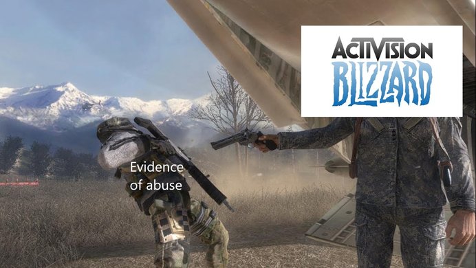 A picture of the scene from call of duty where the player is betrayed and killed, labeled to depict Activision-Blizzard killing off evidence.