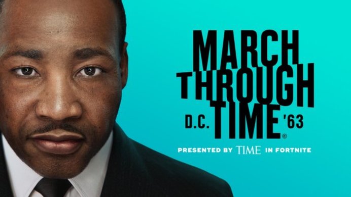 A picture of Martin Luther King Jr. alongside the promo artwork for the Fortnite in-game event March Through Time.