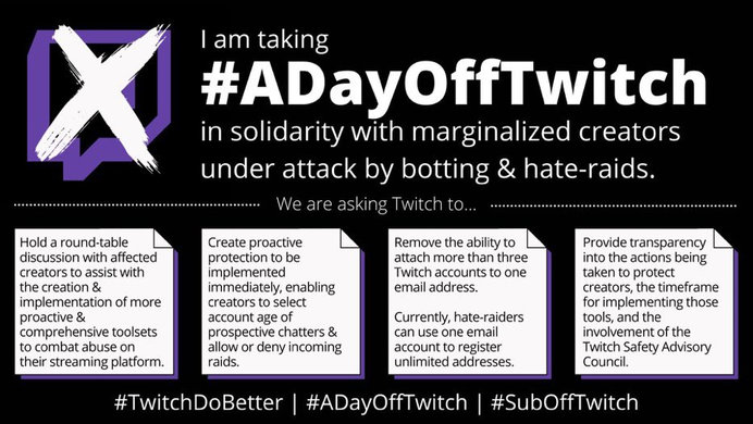The #adayofftwitch promotional image with messaging about why people are boycotting Twitch.
