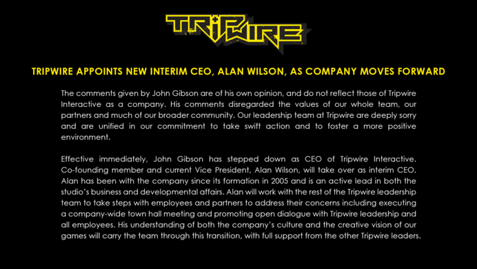 Tripwire Interactive's official message about the CEO stepping down.